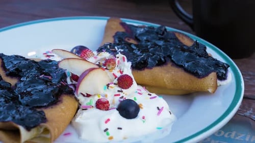 Pancakes with Berries and Cream Close Up