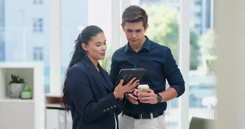 Business people, discussion and tablet for research on internet, technology