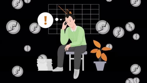 man sitting worried with chart going down in the background, economic crisis, loss of savings alpha