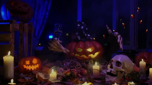 Halloween Table Set with Glowing Pumpkins, Skull, Candles