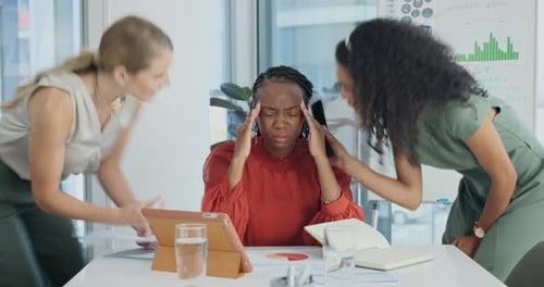 Stress, frustrated and businesswoman with headache, fatigue or pressure for work