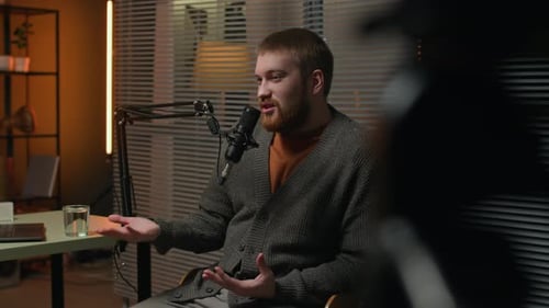 Podcast Recording in an Office with Warm Light