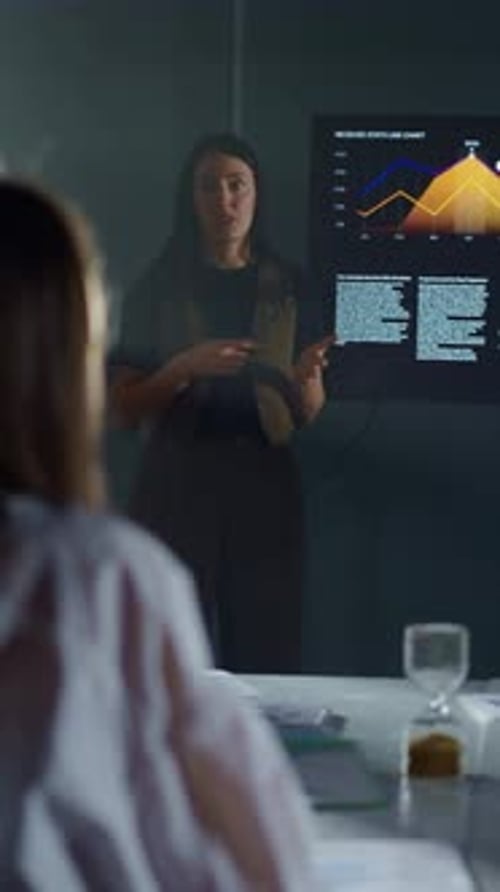 Businesswoman Presenting Analytical Financial Data on Digital Screen to Focused Colleagues During