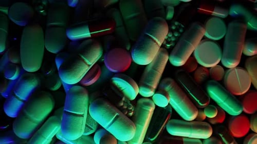 Pharmaceutical Pills and Capsules Illuminated with Colored Lights