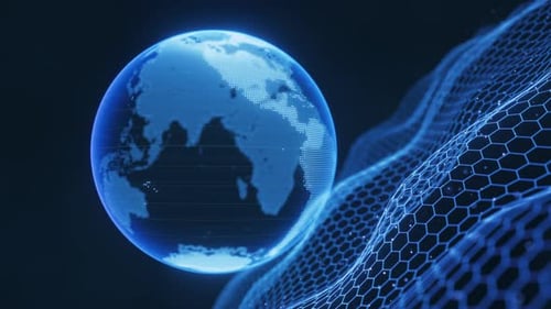 Digital World Globe Rotation with Futuristic Hexagon Grid
