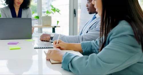 Talking, meeting and business people with notes for an agenda, work schedule or project strategy