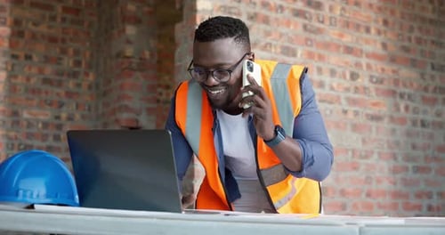 Architect, phone call and blue print with black man in building for structure engineer