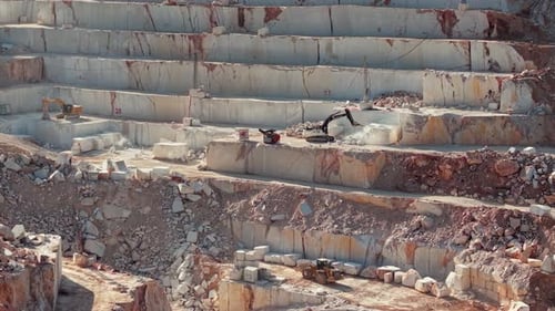 High-Angle View of Heavy Machinery Operating in an Active Stone Quarry