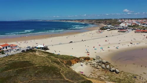 Aerial view of island Baleal naer Peniche on the shore of the ocean in west coast of Portugal. Balea