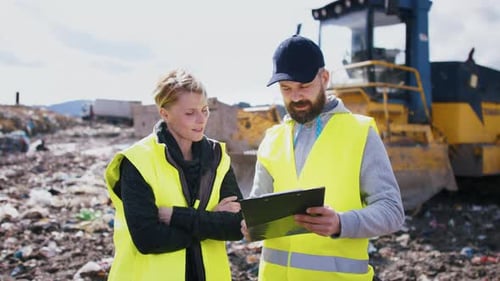 Workers Reviewing Data at a Landfill Site