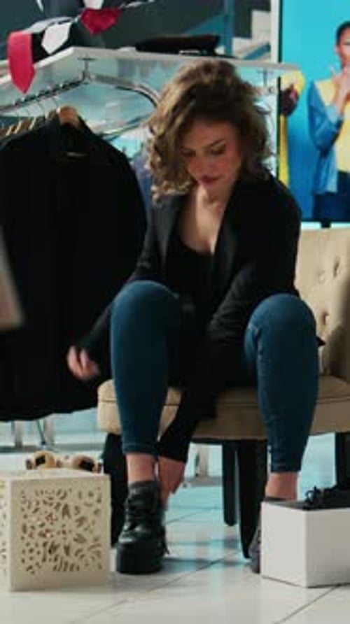 Vertical Video Trendy Customer Trying on Elegant Shoes with Laces at Fashion Boutique