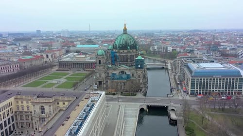 Urban aerial video over the city of Berlin Germany