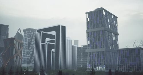 Paisaje arquitectónico moderno que muestra edificios futuristas en un entorno urbano