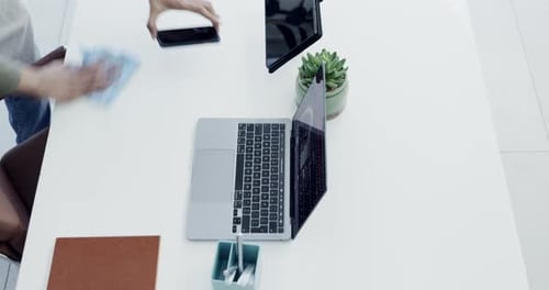 Desk, hands and cleaning service for workplace maintenance, hygiene and dust on furniture