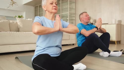 Senior Couple Meditating at Home, Peaceful Moment