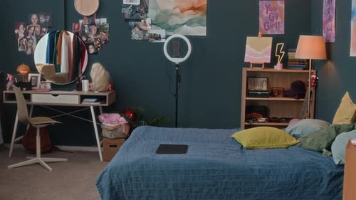 Girls Stylish Room with Bed, Makeup Table, Photos and Posters, Tripod Stand