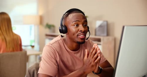 Call center, businessman and mic with computer for consultant, customer information