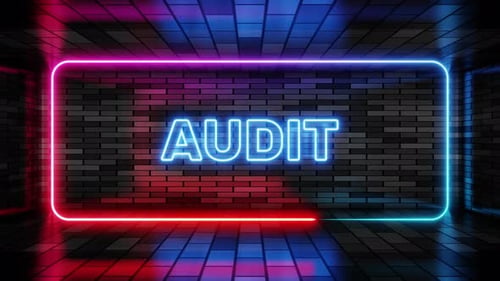 Neonschild-Audit im Sprechblasenrahmen auf Backsteinmauerhintergrund 3D-Rendering. Lichtbanner