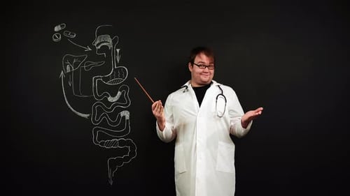 Doctor Explains Digestive System With Chalkboard Drawing