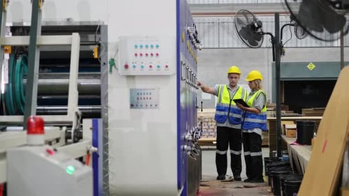Factory Workers Inspecting Control Panel in Industrial Setting