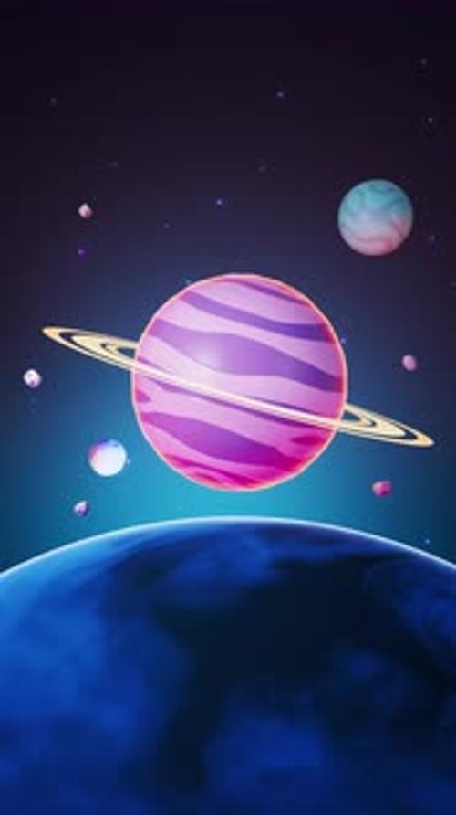 Stylized Space Scene with Rotating Planets