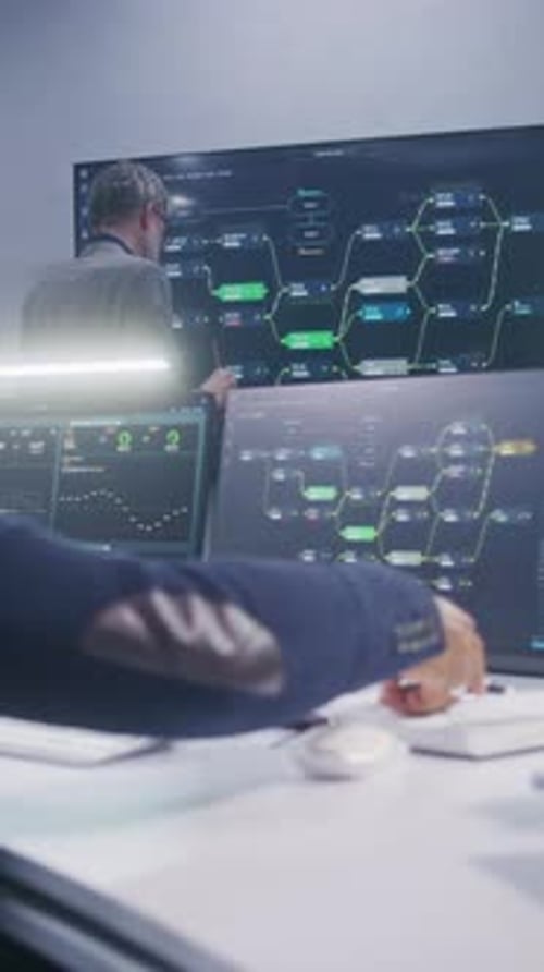 IT Technical Specialist Sits in Front of Computer with Data Server in Monitoring Room