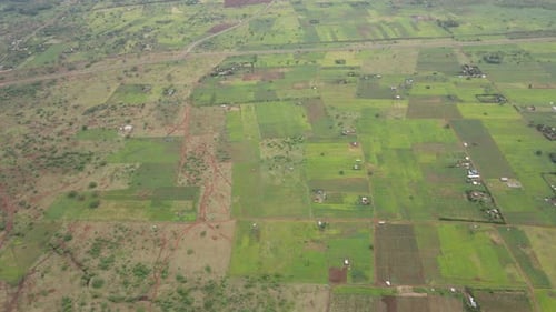 Aerial panorama of green plantations in Southern Kenya, African agriculture concept