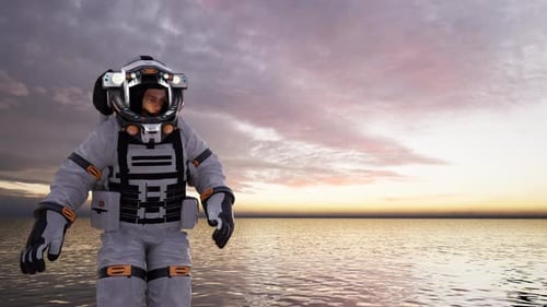 Futuristic Astronaut Standing in Ocean Water Under Cloudy Sunset Sky