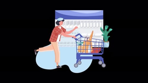 Person Pushing Shopping Cart in Flat Design Supermarket