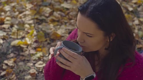 Autumn Serenity Romantische Frau trinkt Tee auf einem goldenen Blatt im Park
