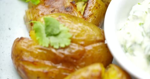 Close up of roasted potatoes on a white plate with garlic dip. Rotating shot of potato. Healthy plan
