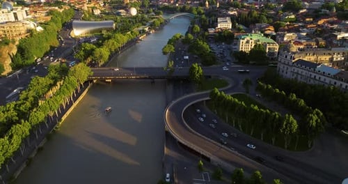 Flying Over Old Tbilisi Center From Above In Georgia At Sunset - Drone Shot