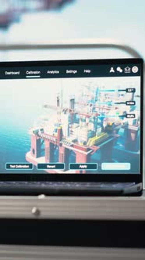 Vertikaler Videolaptop auf dem Schiff der Bohrinsel mit Armaturenbrett zur Überwachung der Betriebsleistung