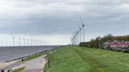 A Beautiful Scenic Coastal Wind Farm Surrounded By Lush Greenery and Vibrant Colorful Flowers Blooms