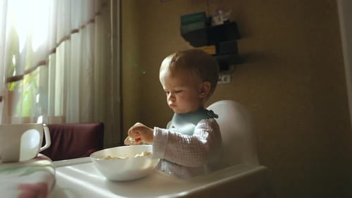 Toddler Eats from Bowl in High Chair