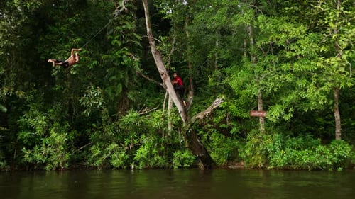 Boy Grabbing And Hanging Onto Rope Swing