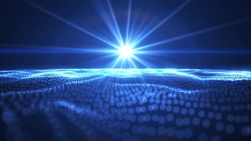 Une onde lumineuse abstraite provenant de particules et de points se déplace sur un fond bleu, visualisation de données volumineuses