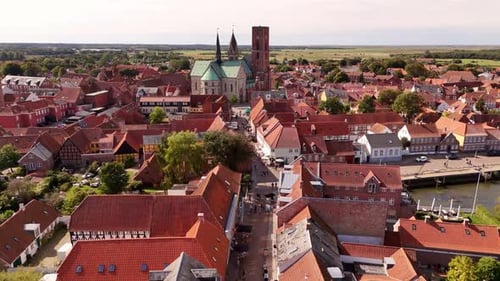 Aerial view of Ribe Cathedral with red roofs, Denmark.
