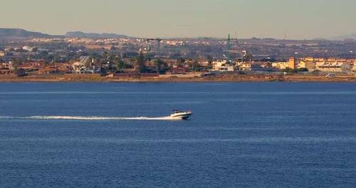 Aerial View Moving Boat at the Sea Top View Sailing Boat Aerial View Fishing Motor Boat with Angler