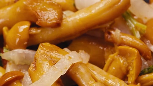 Gros plan de champignons jaunes fermentés au miellat avec oignon sur une assiette Conservation des légumes dans