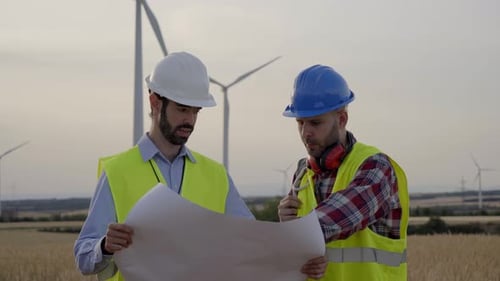 Two Wind Engineers in Work Clothes Look at and Discuss Plans for a Wind Turbine System in the Field