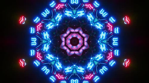 Colorful circular pattern of lights on black background. Kaleidoscope VJ loop