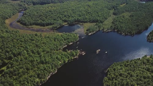 Push in drone view of a remote lake surrounded by woods and trees hb11
