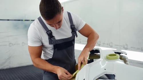 Professioneller Mechaniker in der Garage arbeitet mit Autoteilen