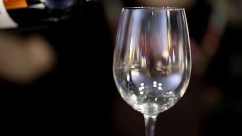 Vista de cerca del camarero que vierte vino tinto en una copa de vino en un restaurante, cena o fiesta en el bar