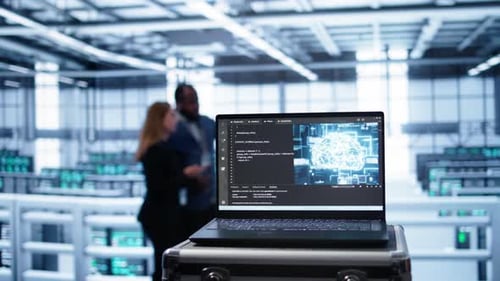 Laptop in Data Center Facility with Artificial Intelligence Simulation