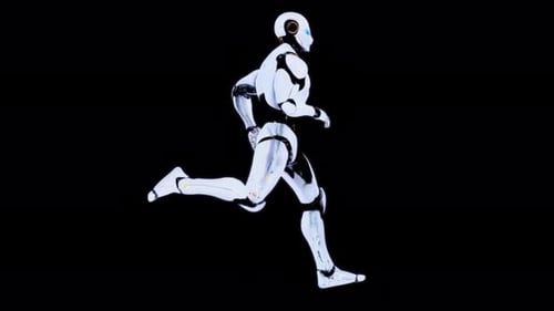Futuristischer Roboter in dynamischer Laufbewegung vor dunklem Hintergrund
