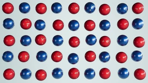 Geometric Grid of Rotating Red and Blue Bowling Balls