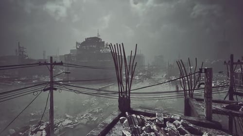 Desolate Urban Landscape with Ruins and Power Lines During a Cloudy Day