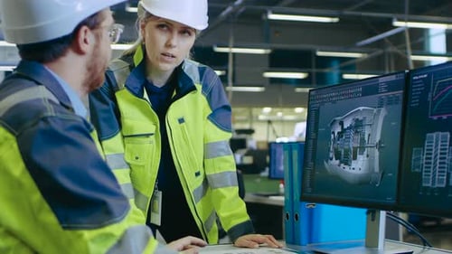 Inside Factory Male Mechanical Engineer and Female Chief Engineer Work Together on the Personal Com